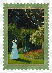 Woman in garden png postage stamp sticker, transparent background. Claude Monet artwork, remixed by rawpixel.