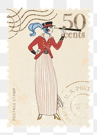 Vintage postage stamp png, flapper jazz fashion illustration, transparent background, remixed by rawpixel