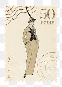 Vintage postage stamp png, flapper jazz fashion illustration, transparent background, remixed by rawpixel