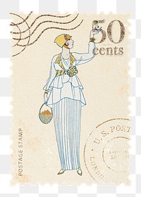 Vintage postage stamp png, flapper jazz fashion illustration, transparent background, remixed by rawpixel