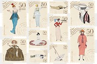 Postage stamp png ephemera fashion sticker set, transparent background, remixed by rawpixel