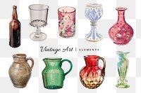 PNG vintage glassware sticker set, transparent background, remixed by rawpixel