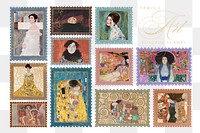 Postage stamp png Gustav Klimt's famous painting sticker, transparent background, remixed by rawpixel