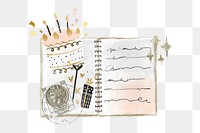 Aesthetic diary png birthday journal sticker, transparent background