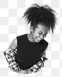 Laughing teenage girl png sticker, black and white cut out on transparent background
