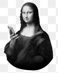 Mona Lisa using smartphone png sticker, black and white cut out on transparent background, famous artwork remixed by rawpixel