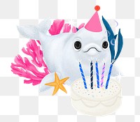 Birthday whale png sticker, animal illustration, transparent background