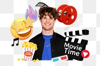 Movie time png word element, 3d remix, transparent background