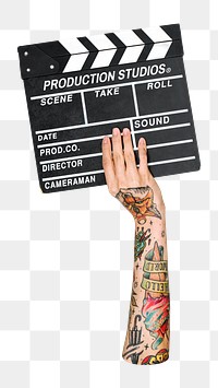 Png clapperboard in tattooed hand sticker, transparent background