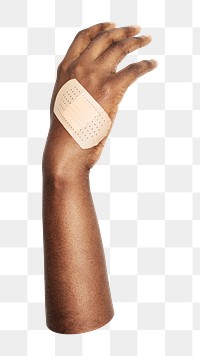 Png bandage on black hand png sticker, transparent background