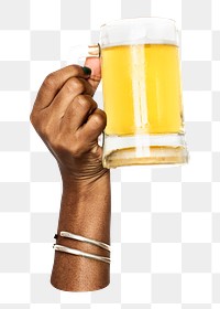 Png beer glass in hand sticker, transparent background