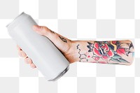 Drink can in hand png sticker, transparent background