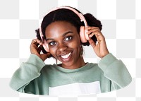 Png black woman listening to music sticker, transparent background