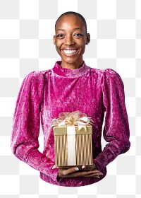 Black woman png sticker, present box transparent background