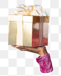 Hand png holding gift box sticker, transparent background