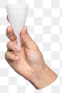 Png white menstrual cup in hand sticker, transparent background