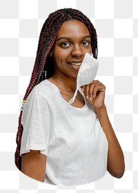 Black woman png medical mask  sticker, transparent background