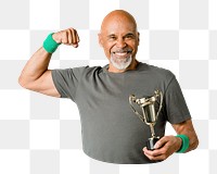 Png senior man winning trophy sticker, transparent background