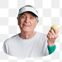 Png old man playing tennis sticker, transparent background