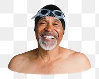 Png senior man with swimming glasses sticker, transparent background