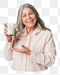 Png senior woman drinking milk sticker, transparent background