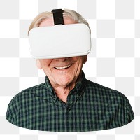 Png senior man using VR sticker, transparent background