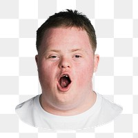 Boy yawning png, kid with down syndrome sticker, transparent background