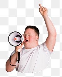 Boy using megaphone png, kid with down syndrome sticker, transparent background