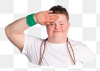 Salute gesture png, boy with down syndrome sticker, transparent background