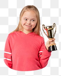 Winning trophy png, girl with down syndrome sticker, transparent background