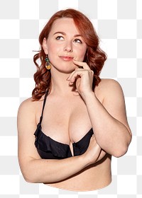 Png thoughtful woman in bikini sticker, transparent background