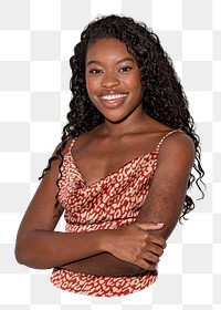 Png smiling black woman in satin dress sticker, transparent background