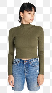 Women in green turtleneck top png sticker, transparent background