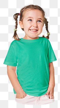 Png happy girl in green shirt sticker, transparent background