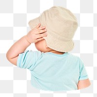 Png kid with beige bucket hat sticker, transparent background