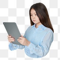 Girl using tablet png sticker, transparent background