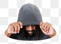 Png man wearing gray hoodie  sticker, transparent background