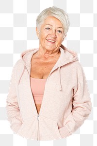 Png senior woman in hoodie sticker, transparent background
