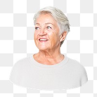Png smiling old woman sticker, transparent background