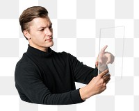 Png man using futuristic tablet , transparent background