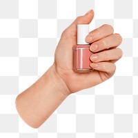 Png nail polish bottle in hand sticker, transparent background