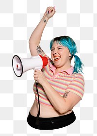 Png plus size woman protesting sticker, transparent background