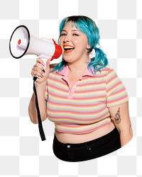 Png plus size woman using megaphone sticker, transparent background