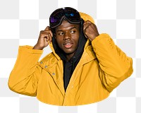 Png black man in yellow jacket sticker, transparent background