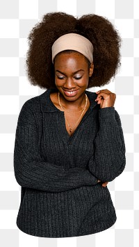 Png African woman in knitted shirt sticker, transparent background