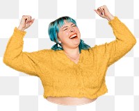 Png cheerful blue hair woman sticker, transparent background