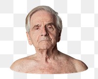 Png bare chest senior man sticker, transparent background