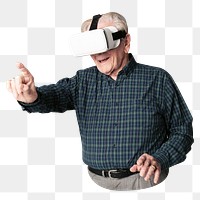 Png senior man enjoying VR sticker, transparent background