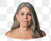 Png bare chest senior woman sticker, transparent background