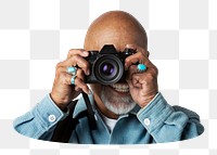 Png senior man with digital camera sticker, transparent background